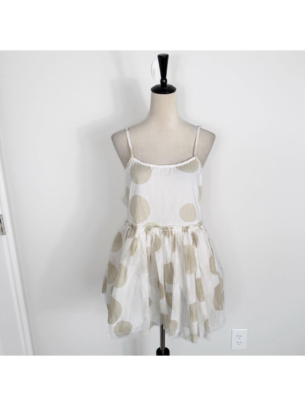 Krista Larson White Beige Polka Dot Tulle Mini Dress Sleeveless Cotton Boho OS